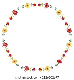 Floral Frame In The Style Of Mexican Embroidery. Round Border With Flowers. OtomiTenango Needlepoint Design. 