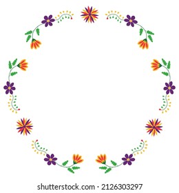 Floral Frame In The Style Of Mexican Embroidery. Round Border With Flowers. Otomi Needlepoint Design.