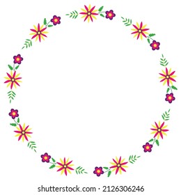 Floral Frame In The Style Of Mexican Embroidery. Round Border With Flowers. Otomi Needlepoint Design. 