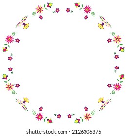 Floral Frame In The Style Of Mexican Embroidery. Round Border With Flowers. Otomi Tenango Needlepoint Design.