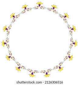 Floral Frame In The Style Of Mexican Embroidery. Round Border With Flowers. Otomi Tenango Needlepoint Design.