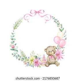 Floral Frame With Teddy Bear. Watercolor Illustration For Baby Girl Shower.
