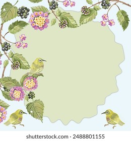 Floral frame with vibrant lantana blossoms, lush green leaves, birds and clusters of berries. Square template for 
 nature-themed designs, invitations, and decorative art - Powered by Shutterstock