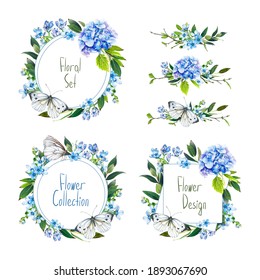 Floral frames set. Hydrangea and butterfly. Wedding invite