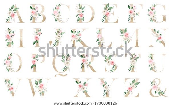 Floral Gold Alphabet Letters Watercolor Flowers Stock Illustration ...