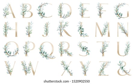 Floral Gold Alphabet, Set Letters With Watercolor Leaf Eucalyptus. Monogram Initials Perfectly For Wedding Invitations, Greeting Card, Logo, Poster And Other Design. Holiday Design Hand Painting.