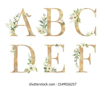 Floral Golden Alphabet, Letters A, B, C, D, E, F With Watercolor Flowers And Leaf. Monogram Initials Perfectly For Wedding Invitation, Birthday, Greeting Card, Logo, Poster And Other.