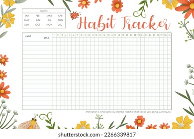 Floral habit tracker template. Monthly planner habit tracker blank with floral border, spring yellow and orange flowers themed blank, personal organizer with decorative frame. - Powered by Shutterstock