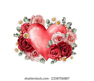 Floral heart with delicate roses painted in watercolor. Composition with roses, eucalyptus leaves and daisies. Flower composition for wedding invitations, prints, card valentine's day, wedding, love - Powered by Shutterstock