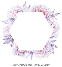 Floral hexagon frame made of drawn peonies and pink roses on a white background. Delicate template for wedding invitation, decoration, card, sticker, textile design and print. - Powered by Shutterstock