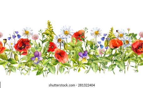 Floral horizontal border for fashion design. Watercolor wild flowers, grass, herbs. Repeated frame