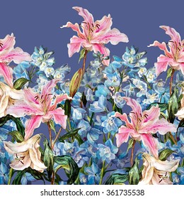 Floral horizontal border. Lilies and delphiniums, isolated on a lavender background. Watercolor painting.