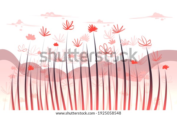 Floral landscape background. Spring nature, flowering bushes with mountains and clouds in blush color flat illustration. Flower field print for home textiles. Wildflowers meadow border.