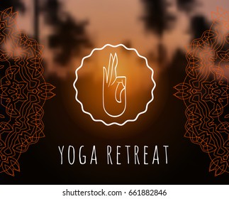 Floral mandala on sunset tropic blurred background. Yoga symbol. Sacred geometry. For yoga studio, tantra or meditation classes and retreat. Banner, flyer, invitation. - Powered by Shutterstock