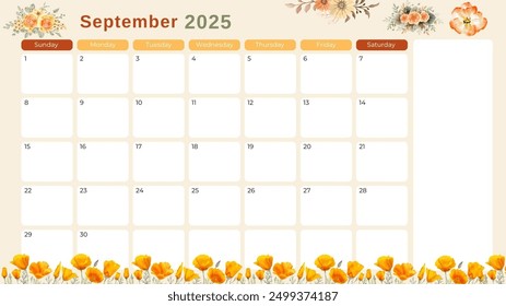 Floral orange and yellow calendar September 2025. Calendar design template vector.Fits Letter Size Page. Stationery Design. Weeks start on Sunday. - Powered by Shutterstock