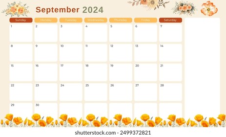 Floral orange and yellow September calendar 2024. Calendar design template vector.Fits Letter Size Page. Stationery Design. Weeks start on Sunday. - Powered by Shutterstock