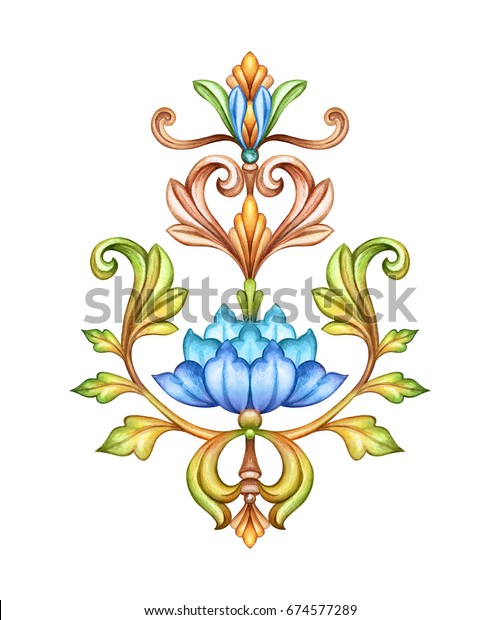 中世のダマスク背景に花の飾り アカンサス 水彩手描きのイラスト 青い花と金の葉 ビンテージ植物の壁紙 のイラスト素材