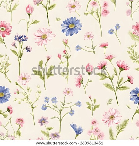 Floral pattern featuring various wildflowers in pastel shades on a light background.