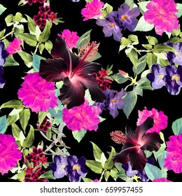 Floral Pattern Luminous Flowers Bloom Pattern Tropical On A Black Night Background. Amazing Jungle Foliage Seamless Neon Pink Lights Photo Collage Floral Design. Bright Colour Effect Repeating Garden