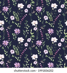 Floral pattern with purple flowers and green leaves on branches, watercolor seamless illustration isolated on dark blue background, delicate garden with abstract wildflowers.