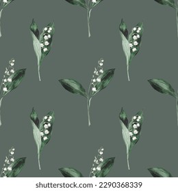Floral pattern spring lily of the valley. Watercolor seamless background flowers. Cute Print for textile design or wallpaper. Hand drawn texture with flowers, buds, leaves and stems.