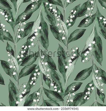 Floral pattern spring lily of the valley. Watercolor seamless background flowers. Cute Print for textile design or wallpaper. Hand drawn texture with flowers, buds, leaves and stems.