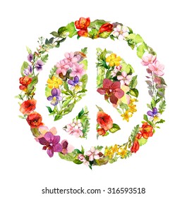 Floral Peace Sign With Flowers For Peace Day. Watercolor