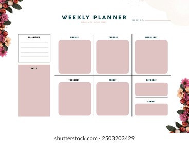 Floral purple digital weekly planner, Daily shedule, Daily program, Priorities list, Notes list, Illustration - Powered by Shutterstock