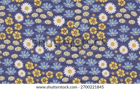 a floral repeating pattern with daisies and small flowers on a blue background in a design style image