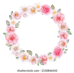 Floral Round Wreath, Ring, Frame With White And Pink Roses, Camellia Isolated On White Background. Watercolor. Templates