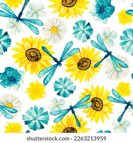 Floral seamless background. Pattern with beautiful watercolor flowers, sunflower and dragonflies. Botanical hand drawn illustration. Texture for print, fabric, textile, packing.