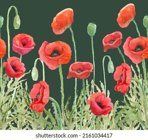 Floral seamless border with poppy flowers on green. Watercolor hand painted illustration. Great for fabrics, wrapping papers, wallpapers, covers, tumblers. Summer textile print. Red and green colors