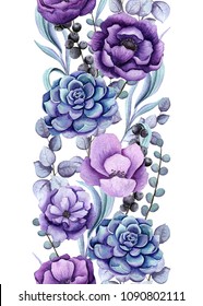 Floral Seamless Border Of Watercolor Purple Flowers, Blue Leaves And Succulent