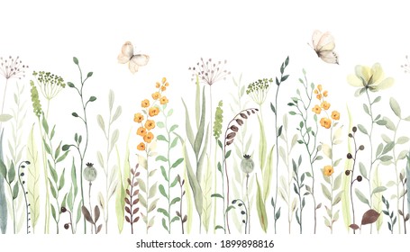 Floral seamless horizontal border and abstract yellow flowers  green leaves   plants  flying butterflies  Watercolor isolated pattern white background  panoramic illustration summer meadow 