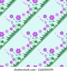Floral seamless ornamental pattern diagonal orientation, drawing for children's wallpaper, decorative stylized flowers on green grass