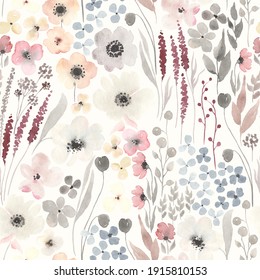 Floral Seamless Pattern With Abstract Flowers On Ivory Background. Watercolor Illustration Blossoming Meadow In Vintage Rustic Style.