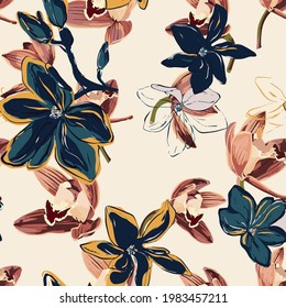 Floral Seamless Pattern, Beautiful Flowers, Artistic, Modern Abstract Flora Background, Fashion Textile Print, Elegant Cute Seamless Print, Tropical, Leaves, Flower, Nature Print For Fabric, Wallpaper