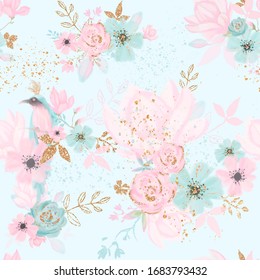 Floral Seamless Pattern With Blue Bird, Pink Flowes, Gold Leaves. Kids Room Wallpaper