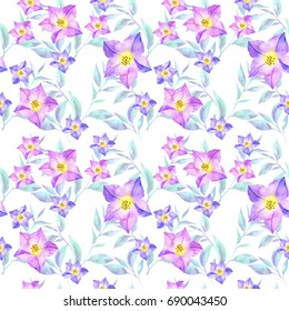 Floral seamless pattern with bluebell flowers and leaves in watercolor style on white background.Hand drawn illustration for textile, paper, decoration and wrapping - Shutterstock ID 690043450