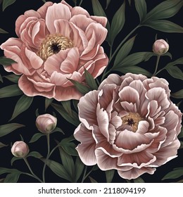 Floral seamless pattern  Botanical wallpaper and realistic peonies  dark background  Vintage hand drawn flowers  buds  leaves for wallpapers  fabrics  wrapping paper  banners  blogs  social media
