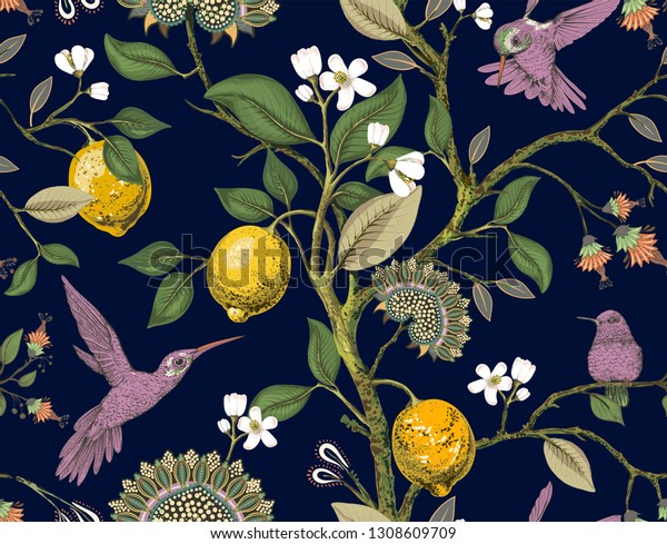 花柄のシームレスな柄 植物性の壁紙 植物 鳥の花の背景 自然のビンテージ壁紙 レモン 花 ハチドリ 咲く庭 布地 繊維 壁紙のデザイン のイラスト素材
