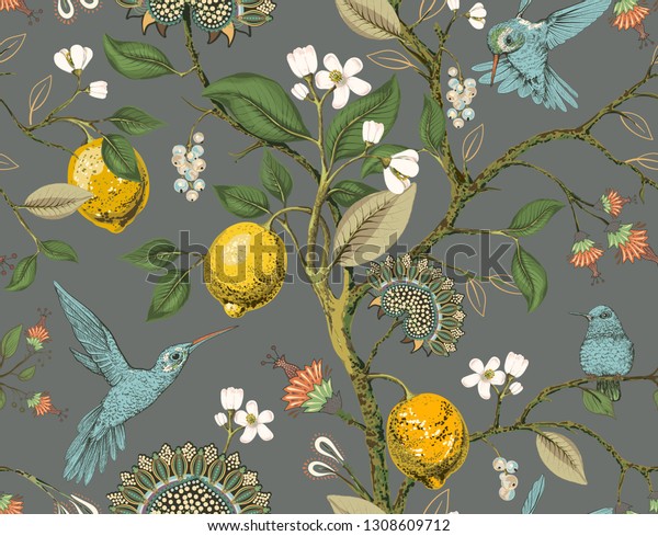 Floral seamless pattern. Botanical wallpaper. Plants, birds flowers backdrop. Drawn nature vintage wallpaper. Lemons, flowers, hummingbirds, blooming garden. Design for fabric, textile, wallpaper