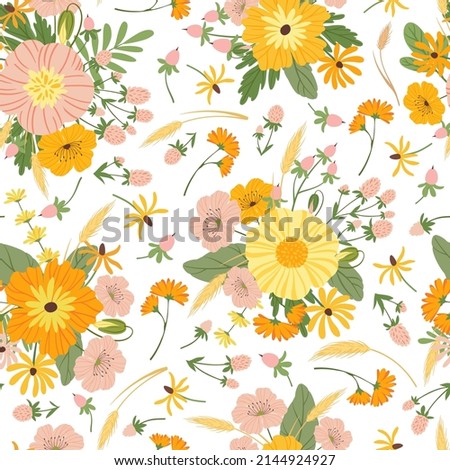 Floral seamless pattern, cute spring background with flowers. Blooming flower fabric texture, abstract print for summer clothes  template. Branches with blossom and spikelets