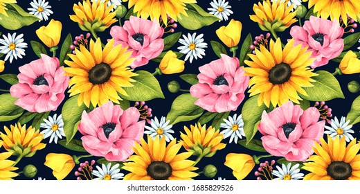 Floral seamless pattern and decorative sunflowers  poppies  daisies   leaves 