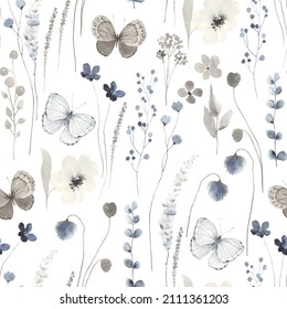 Floral seamless pattern with delicate abstract flowers, flying butterflies, plants and leaves, watercolor illustration on white background, print for textile or wallpapers, meadow texture.