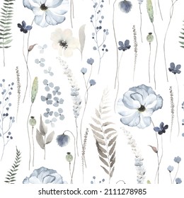 Floral seamless pattern with delicate blue flowers, plants and leaves, watercolor illustration on white background, print for textile or wallpapers, meadow texture.