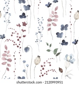 Floral seamless pattern with delicate flowers, branches and plants, watercolor illustration blue and burgundy colors for textile or wallpapers on white background. 