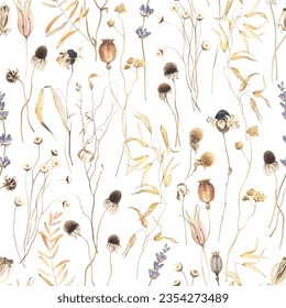 Floral seamless pattern with dried different branches, leaves and flowers, watercolor isolated print for textile or wallpapers. Beautiful nature illustration for your design.