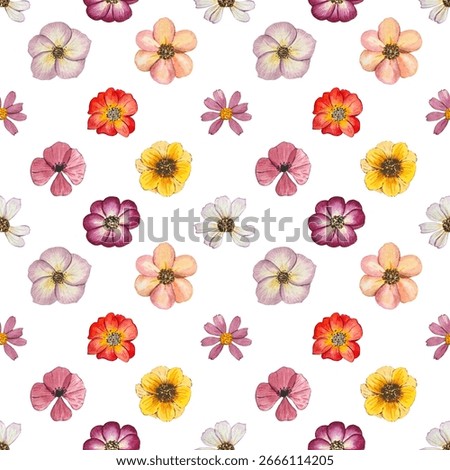Floral seamless pattern with dried pressed flowers. Watercolor on white background