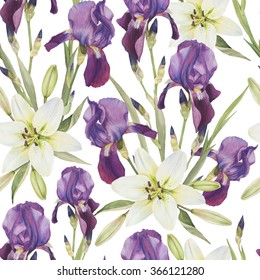 Floral seamless pattern with hand drawn watercolor irises and white lilies in vintage style